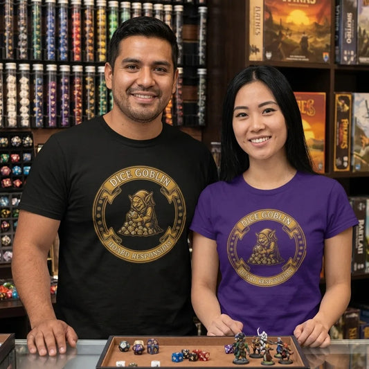 Dice Goblin Hoard Responsibly tabletop RPG tee — lifestyle