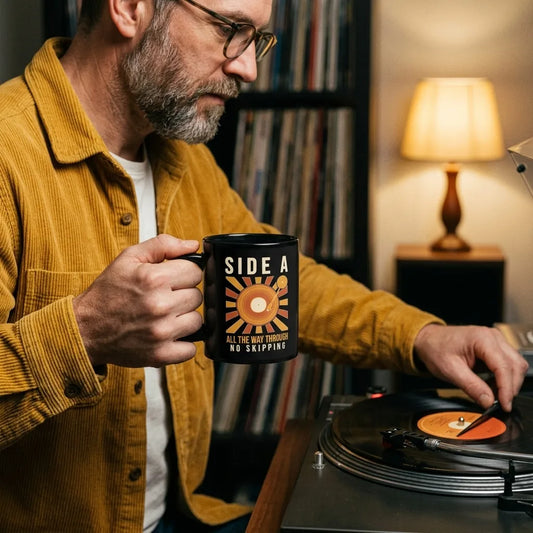 Side A No Skipping vinyl record mug — lifestyle