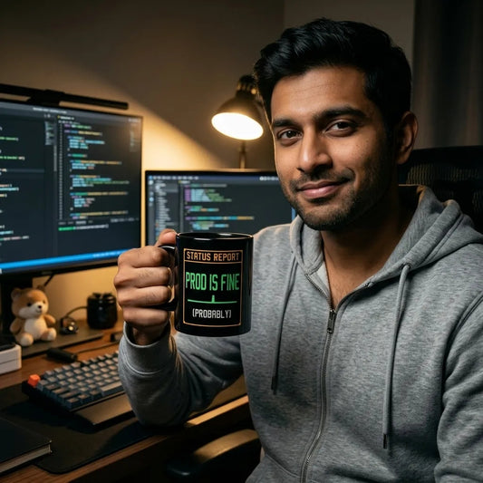 Prod Is Fine programmer mug — lifestyle