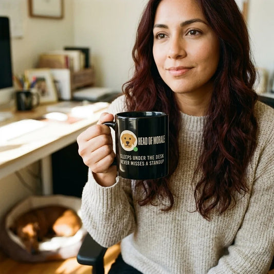Head of Morale dog profile card mug — lifestyle