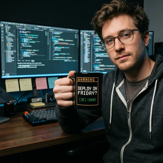 Deploy On Friday programmer mug — lifestyle