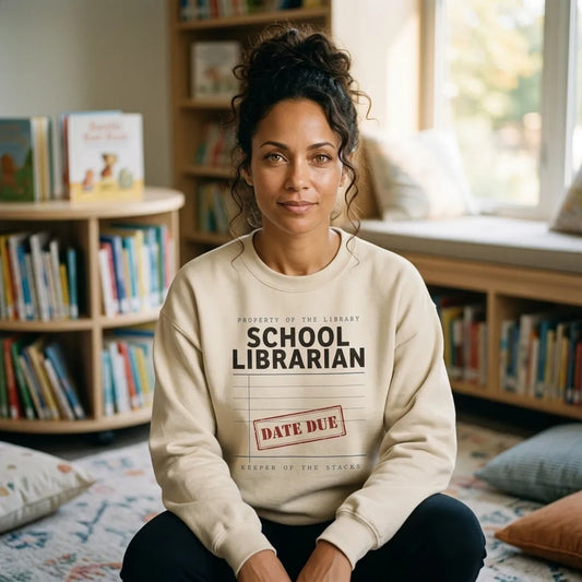 Property of the School Library card catalog school librarian crewneck sweatshirt — lifestyle