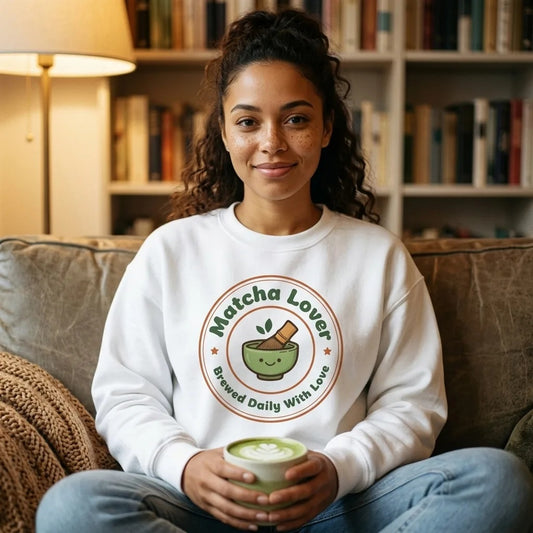 Matcha Lover retro café badge crewneck sweatshirt — lifestyle