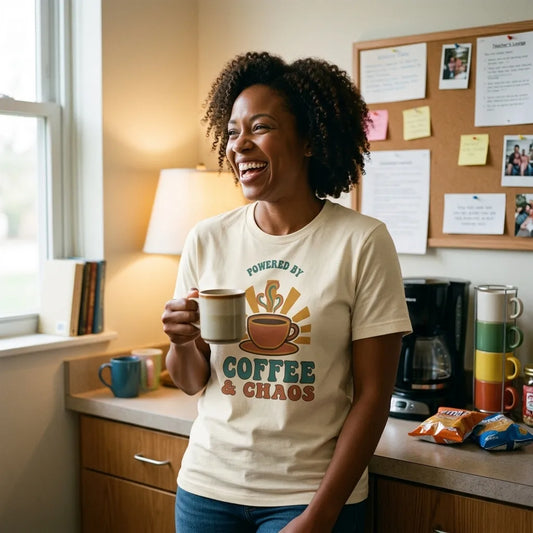 African-American teacher laughing in a teacher's lounge wearing the Powered By Coffee And Chaos retro groovy teacher tee in Natural