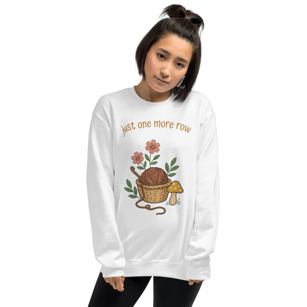 Just One More Row crochet cottagecore crewneck sweatshirt — White, on model