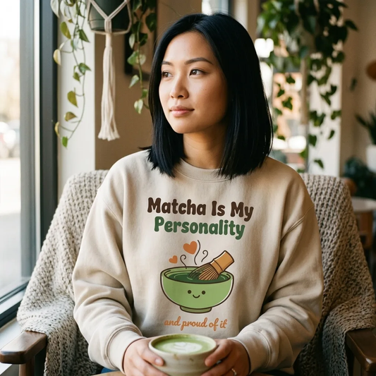 Matcha Is My Personality retro matcha crewneck sweatshirt — lifestyle