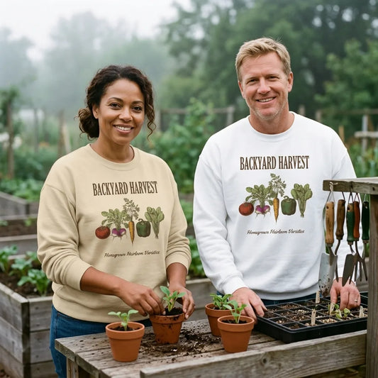 Backyard Harvest heirloom vegetable gardening crewneck sweatshirt — lifestyle