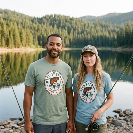 Reel Therapy retro national-park trout badge fishing tee — lifestyle