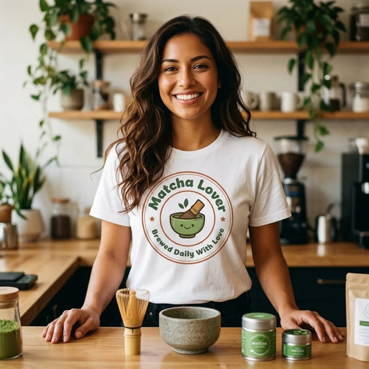 Matcha Lover retro café badge tee — lifestyle