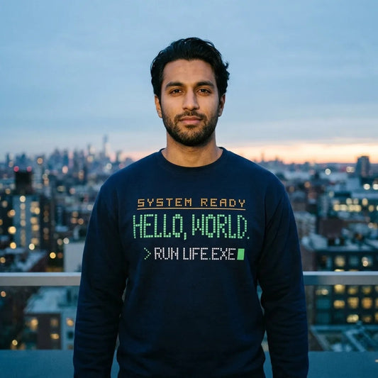 Hello World retro boot screen programmer crewneck sweatshirt — lifestyle