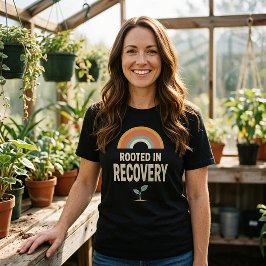 Rooted in Recovery retro rainbow tee — lifestyle