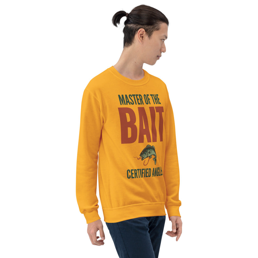 Model wearing Master of the Bait retro fishing humor crewneck sweatshirt — Gold