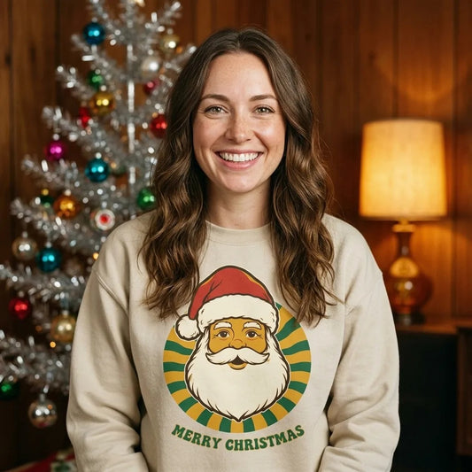Groovy Santa retro Christmas crewneck sweatshirt — lifestyle