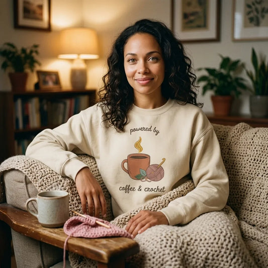 Powered by Coffee and Crochet cottagecore crochet crewneck sweatshirt — model relaxing on a couch in the Sand crewneck