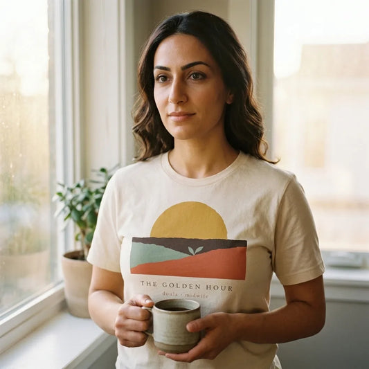 The Golden Hour birth worker doula t-shirt — lifestyle