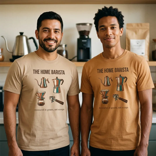 The Home Barista specialty coffee tee — lifestyle