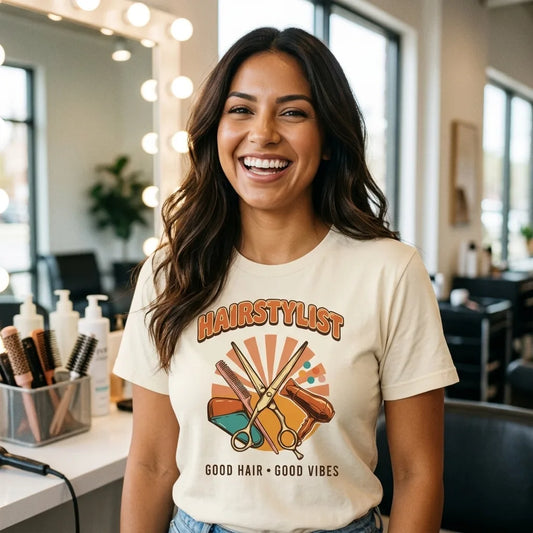 Retro Salon Hairstylist good hair good vibes tee — lifestyle