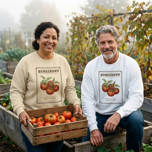 Homegrown Heirloom Seed Packet gardening crewneck sweatshirt — lifestyle
