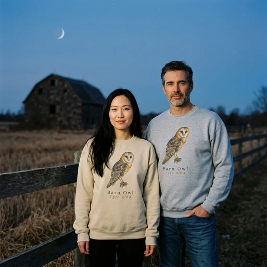 Two birders owl-watching at blue hour along a fence line wearing the Barn Owl vintage field-guide crewneck — Sand and Sport Grey
