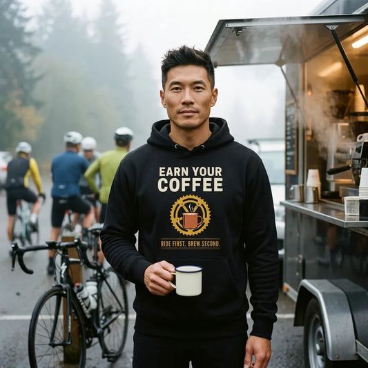 Earn Your Coffee retro cycling coffee hoodie — lifestyle