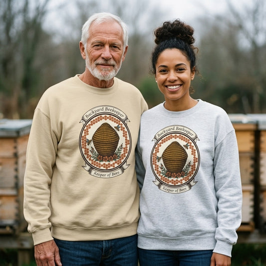 Backyard Beekeeper Keeper of Bees vintage apiary crest crewneck sweatshirt — lifestyle