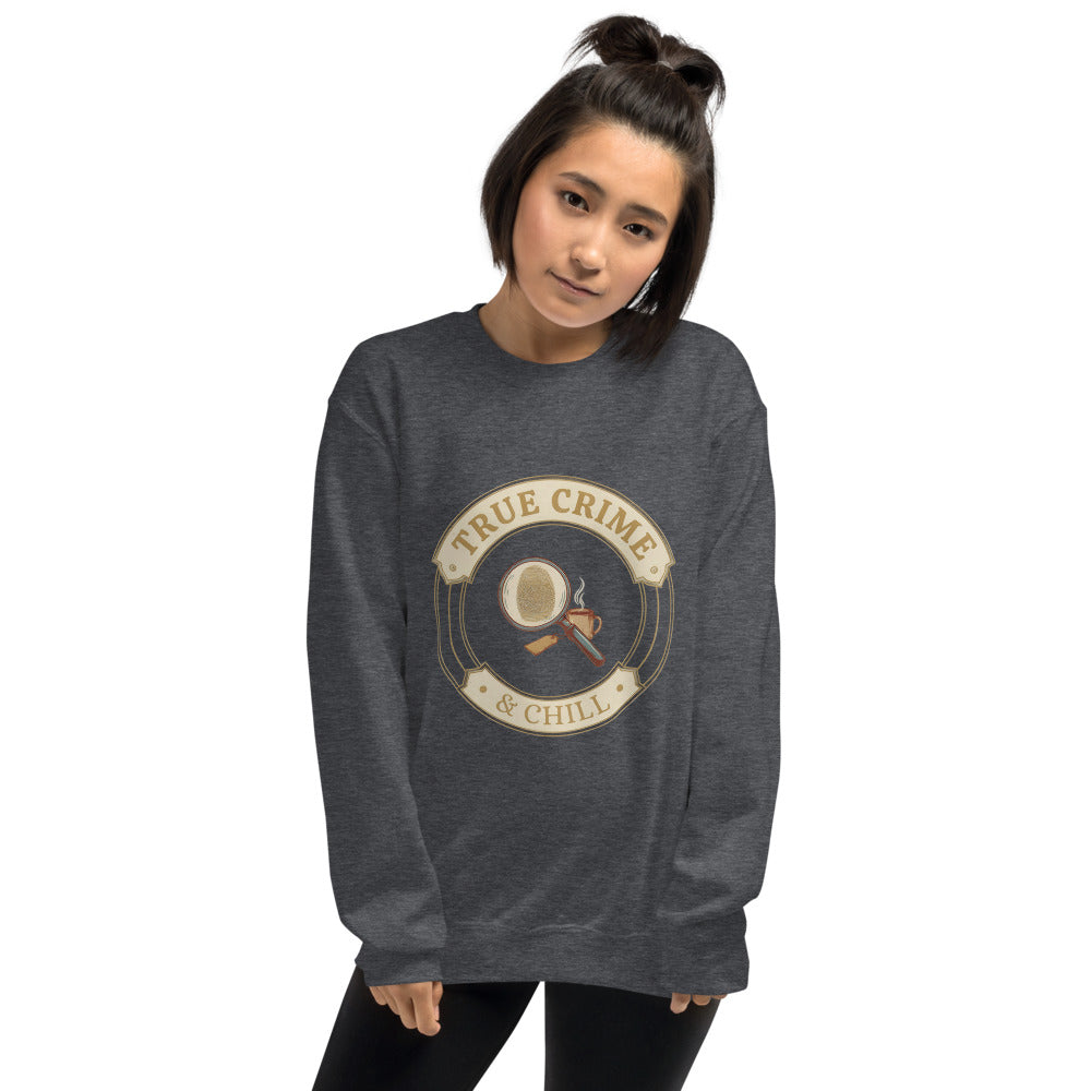 True Crime and Chill crewneck sweatshirt — Dark Heather, on model