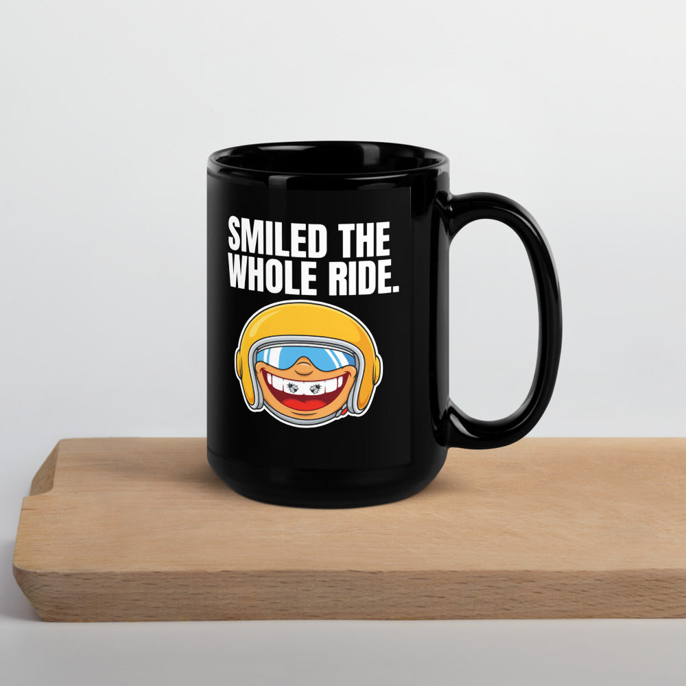 Smiled The Whole Ride funny motorcycle mug — 15 oz, front