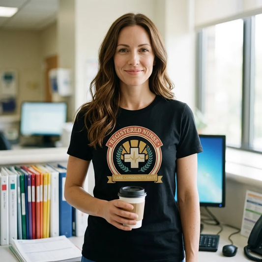 Registered Nurse vintage healthcare emblem badge tee — lifestyle