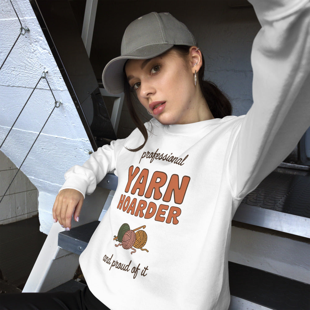 Professional Yarn Hoarder crochet cottagecore crewneck sweatshirt — White, model