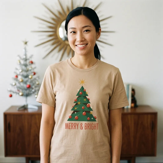 Atomic mid-century retro Christmas tree tee — lifestyle