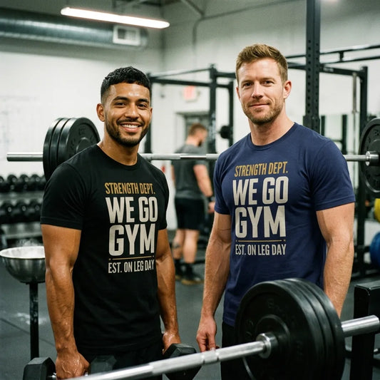 We Go Gym gym tee on two male lifters at a barbell rack — Black and Navy