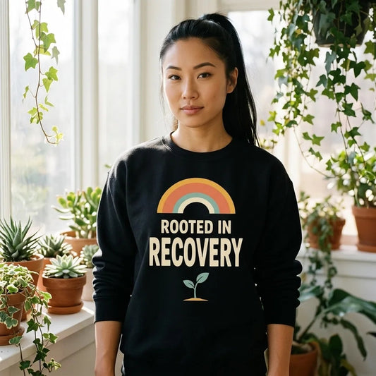 Rooted in Recovery retro rainbow crewneck sweatshirt — lifestyle