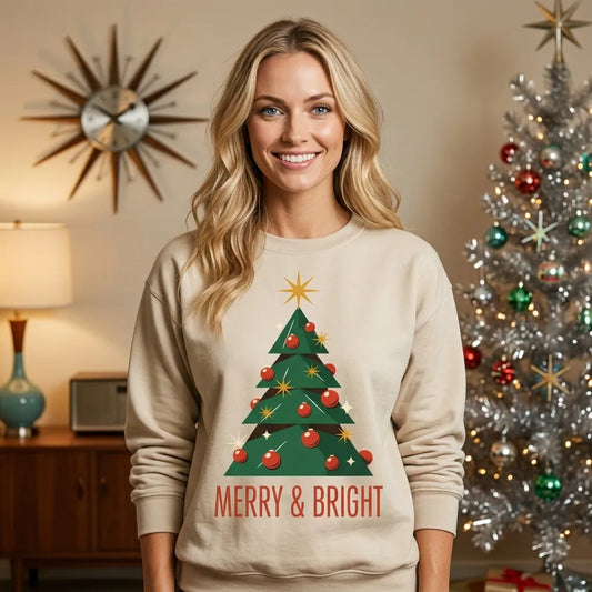 Atomic mid-century retro Christmas tree crewneck sweatshirt — lifestyle