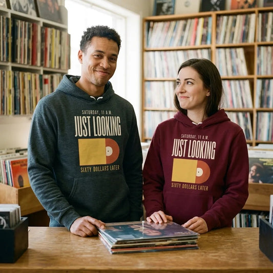 Just Looking Sixty Dollars Later vinyl record hoodie — lifestyle
