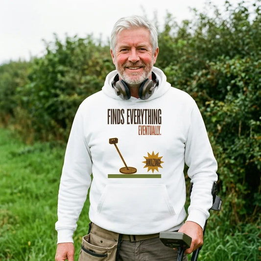 Finds Everything Eventually retro metal detecting hoodie — lifestyle