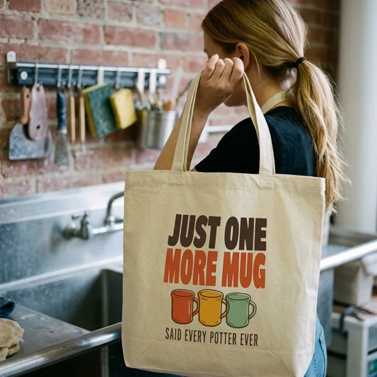 Just One More Mug funny pottery canvas tote bag — lifestyle
