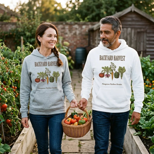 Backyard Harvest heirloom vegetable gardening hoodie — lifestyle