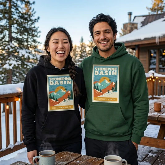Stonepine Basin vintage ski resort hoodie — lifestyle