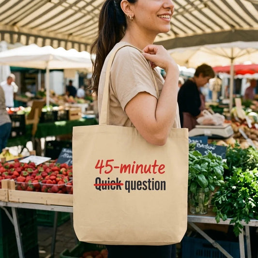 Quick Question funny office humor tote bag — lifestyle