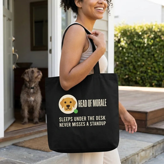 Head of Morale dog profile card tote bag — lifestyle