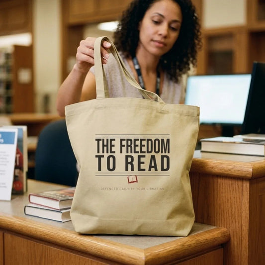 The Freedom to Read school librarian canvas tote bag — lifestyle