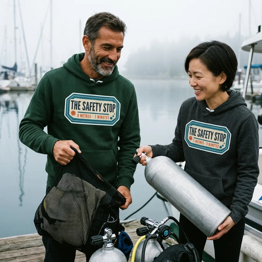 The Safety Stop vintage scuba diving travel decal hoodie — lifestyle