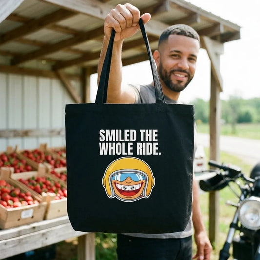Smiled The Whole Ride funny motorcycle tote bag — lifestyle
