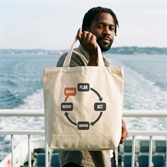 Plan Act Observe Repeat canvas tote bag — lifestyle