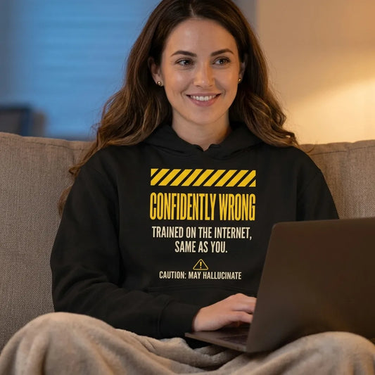 Confidently Wrong AI hazard-label pullover hoodie — lifestyle