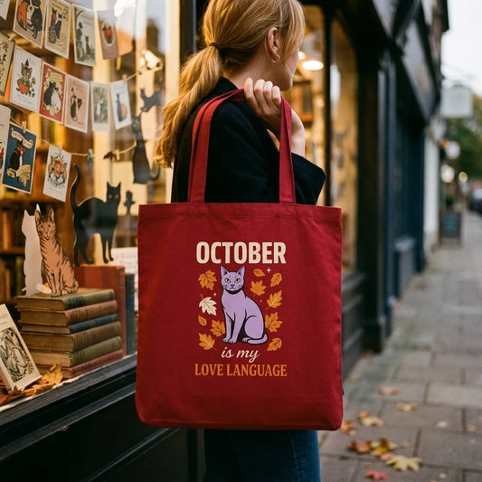 October Is My Love Language retro Halloween purple cat cotton tote bag — lifestyle
