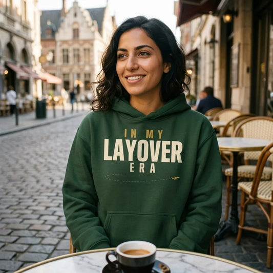 In My Layover Era flight attendant hoodie — lifestyle