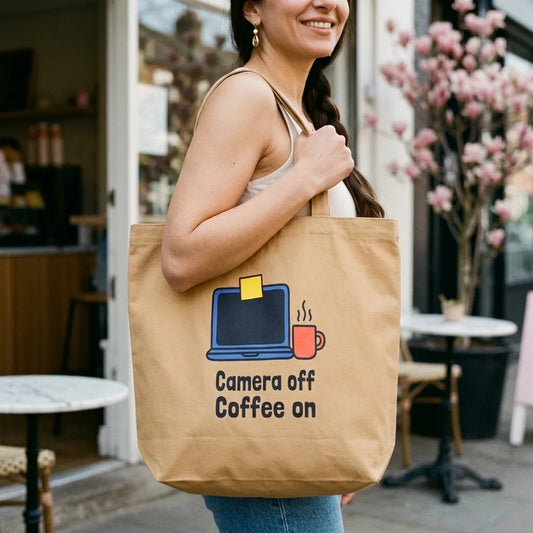 Camera Off Coffee On funny office humor tote bag — lifestyle
