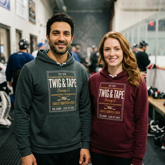 Twig and Tape Brewing Co. beer league hockey hoodie — lifestyle