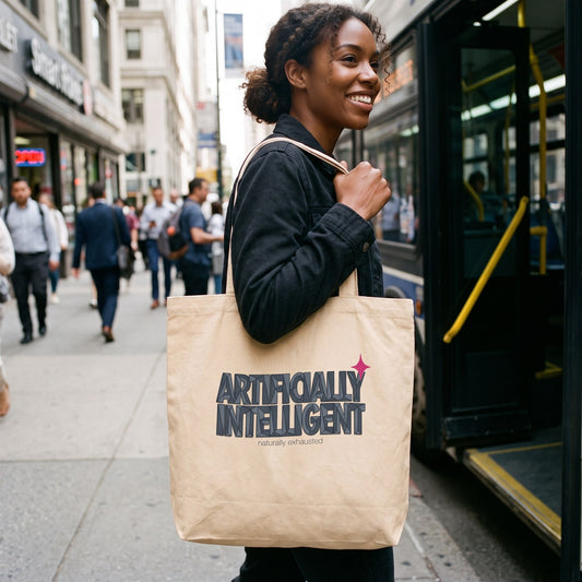 Artificially Intelligent funny AI tote bag — lifestyle